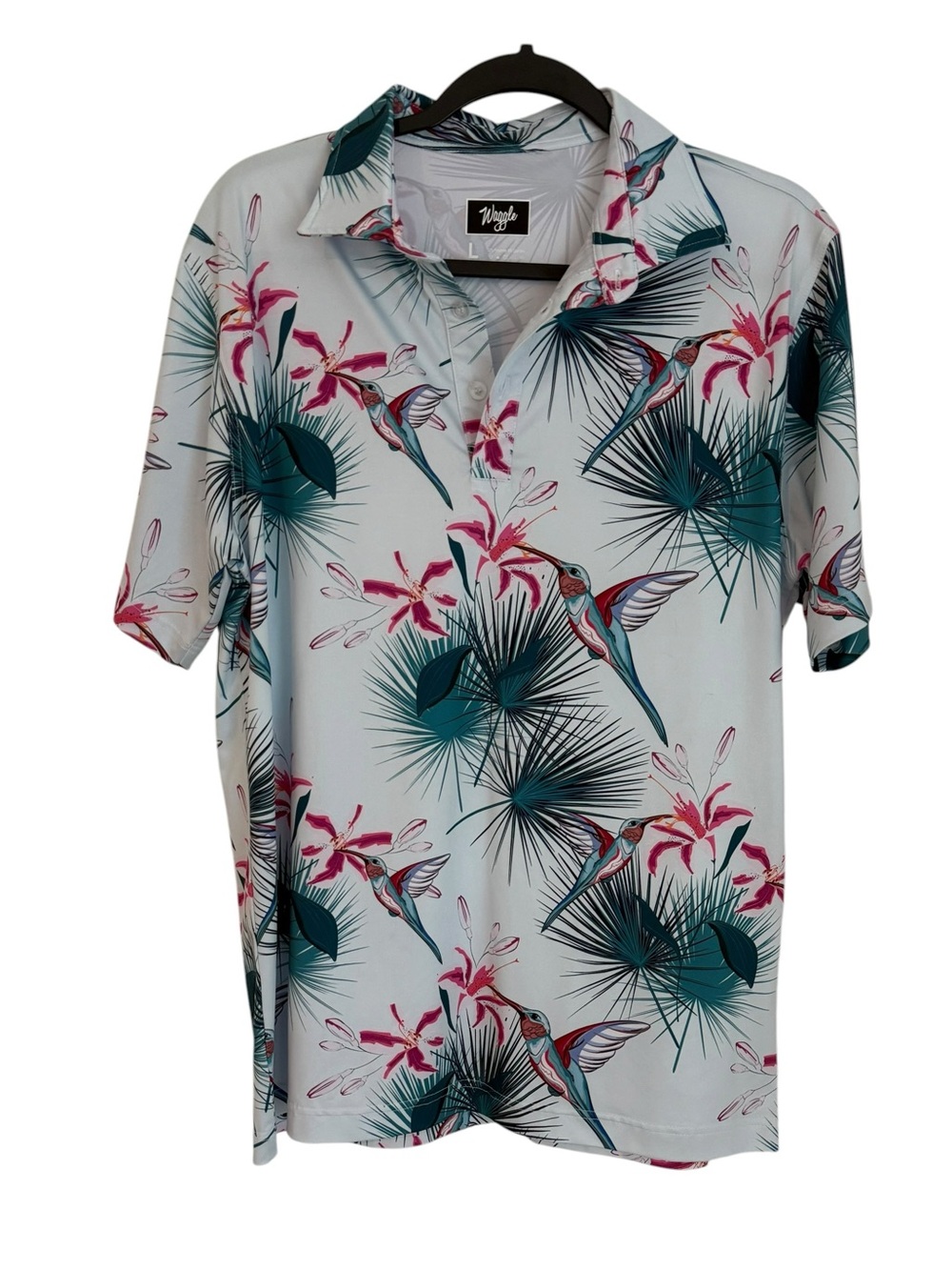 Waggle “Hummer” Performance Golf Polo Size Large Hummingbird and Lillies AOP